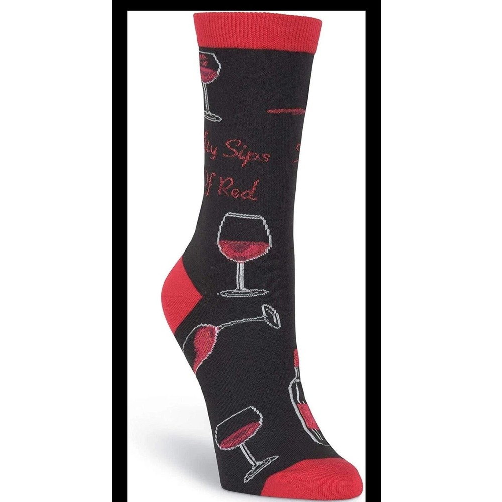 K.Bell Fifty Sips Of Red Crew Socks Womens 9-11 Black Red Wine Glass Novelty